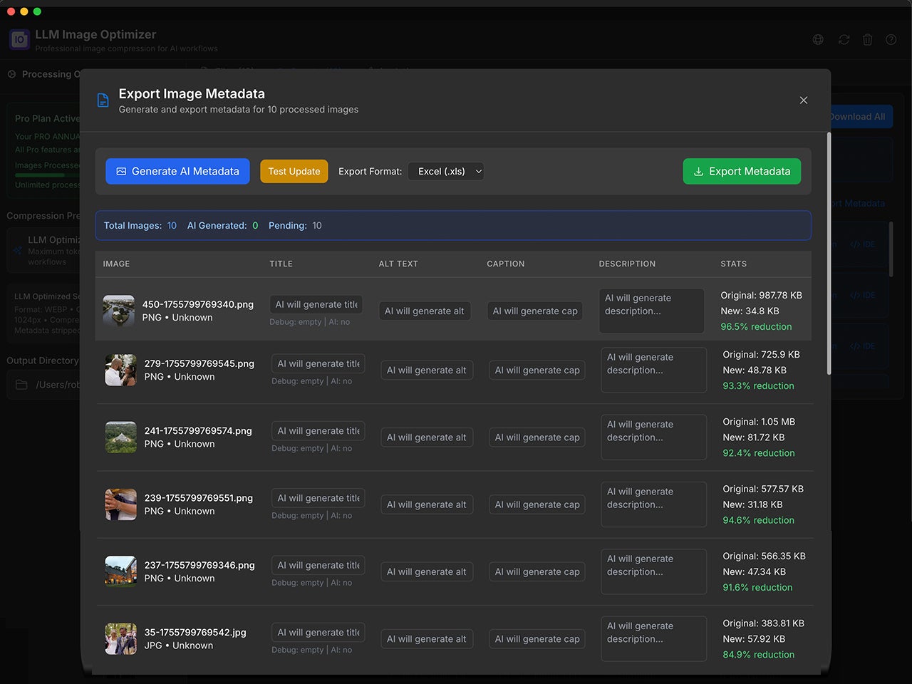 AI metadata generation interface showing automatic alt text, descriptions, and SEO optimization